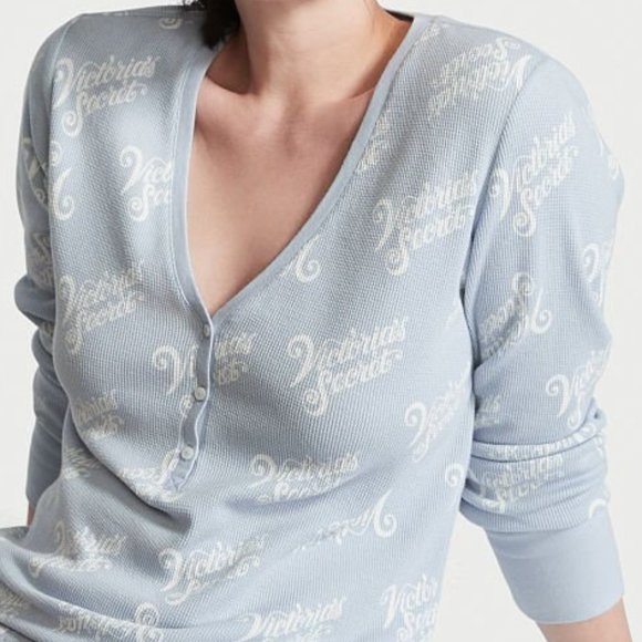L VS Thermal Short PJ Set Blue w/ Victoria's Secret Script NWT Cute Adorable - Picture 2 of 9